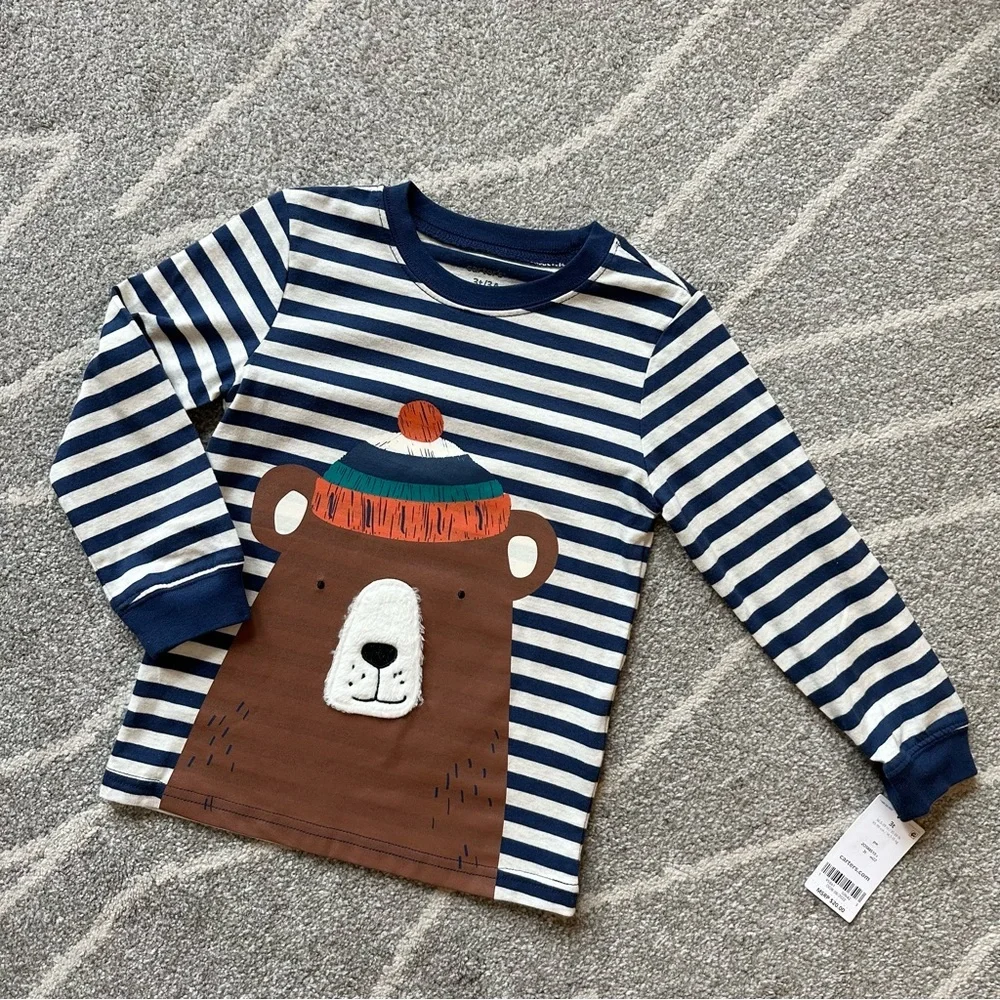 Carter’s Navy Striped Bear in Hat Graphic long Sleeve Tshirt Boys 3T